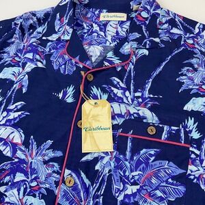 Caribbean Mens‎ Large Tropical Palm Tree Pajama Hawaiian Blue Button Up New